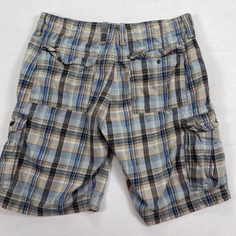 Levis Cargo Shorts Plaid Cotton Multi-Pocket Outdoor Casual‎ Size 36 Blue Brown